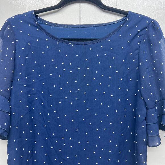 Women's Polka Dot Navy Blue Ruffle Sleeve Women's Top Size Small Lightweight - Picture 3 of 13